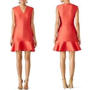Carven Silk Gazaar Sleeveless Cocktail Dress‎ in Coral Red Size 38 Ruffle Peplum